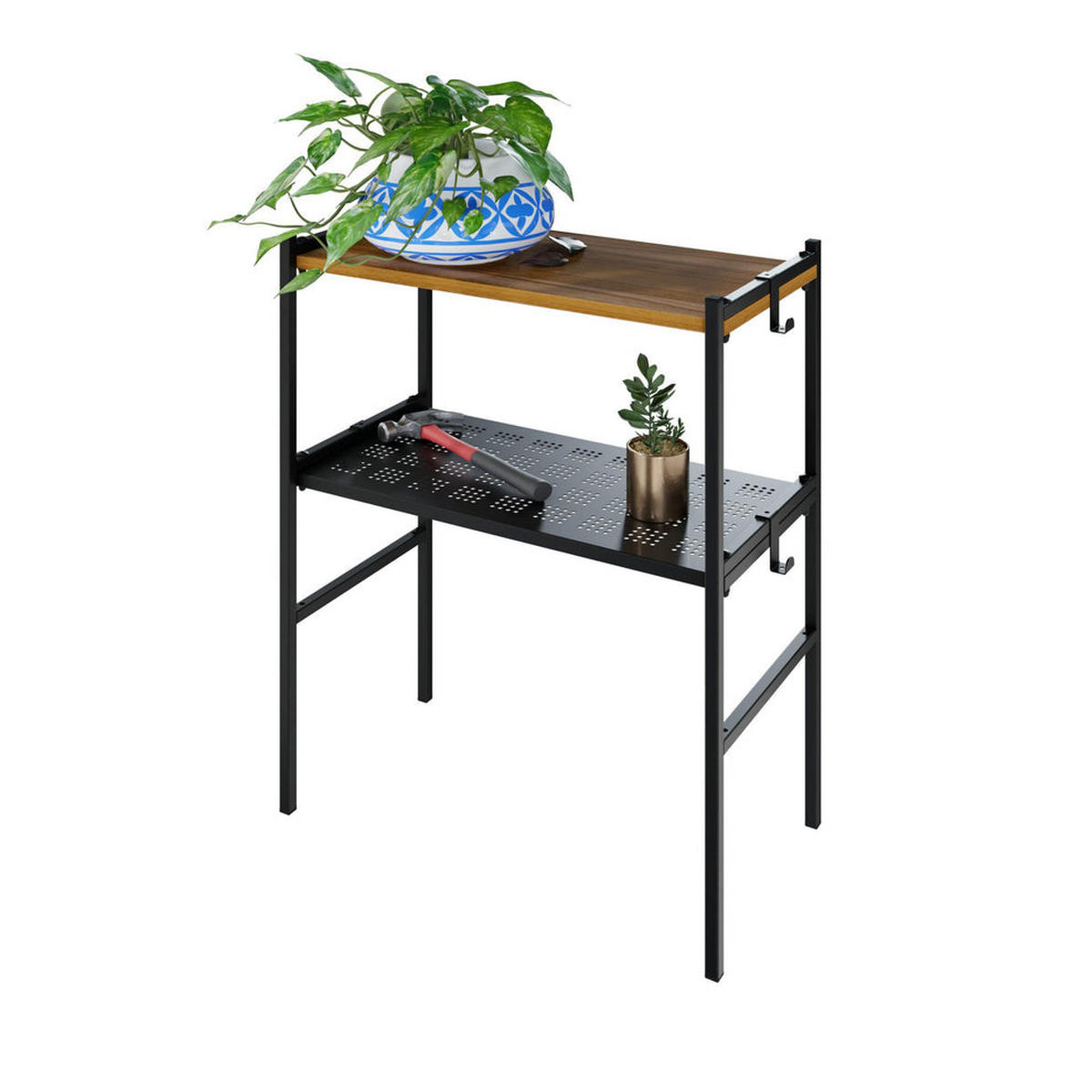 BLUMENTREPPE – rechteckig – LEVIRA – Metall/Holz – Schwarz/Walnuss – 60×32×73 cm - Schwarz, Metall (60/73/32cm) - Letti Moderni