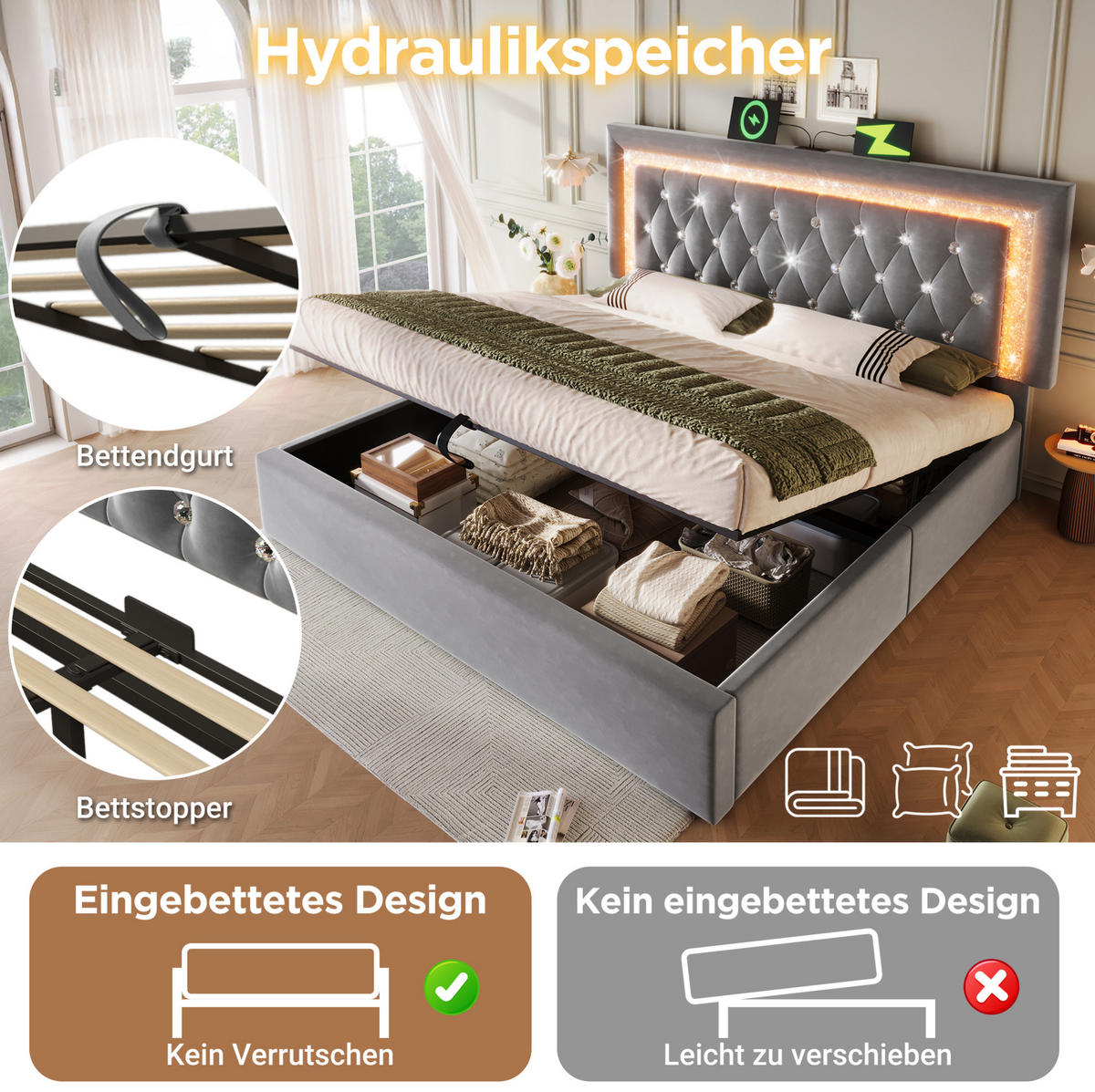 ČALÚNENÁ posteľ, 140/200 cm zamat sivá, s LED, USB-C a úložným priestorom - sivá, textil (140/200cm) - BEAOK