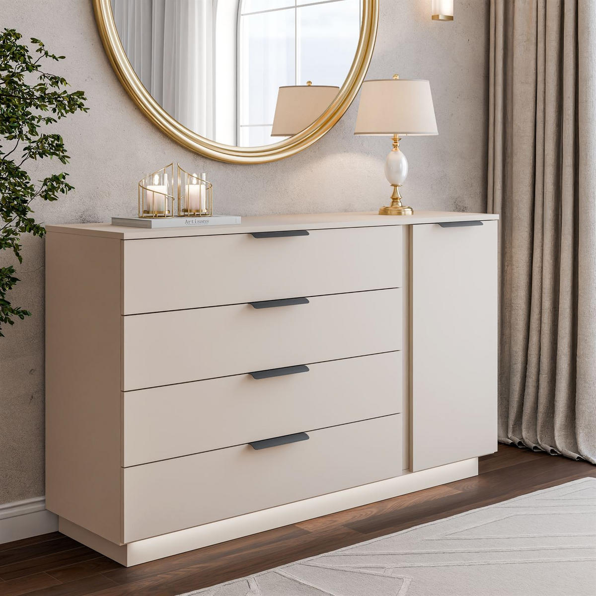 KOMMODE LINA KASCHMIR 1D4S mit LED-Beleuchtung auf Sockel Schwarz - Kaschmir, Holzwerkstoff (138/84/40cm) - Lookway