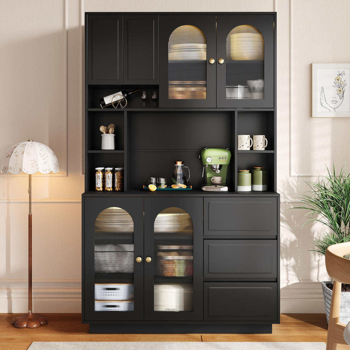 BUFFET Hochschrank mit Acrylfront, LED-Beleuchtung und offenen Fächern - Schwarz, Holzwerkstoff (30/175/106cm) - Korfee