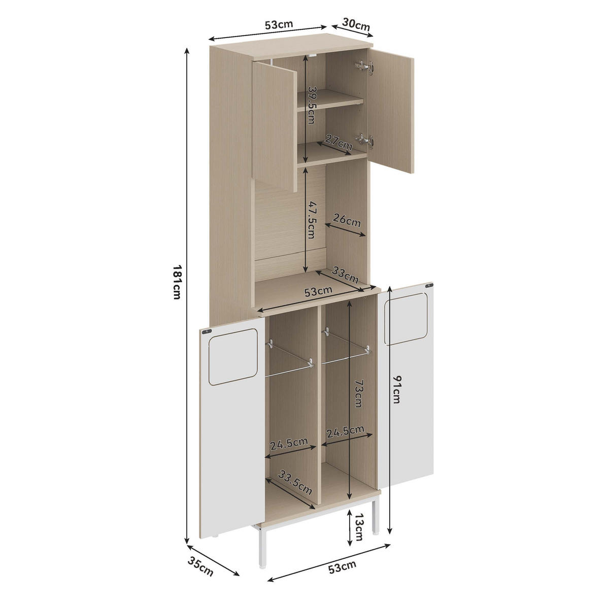 KÜCHENBUFFET 35/53/181 cm weiß aus MDF mit Müllfach - Weiß, Holzwerkstoff (35/181/53cm) - OKWISH