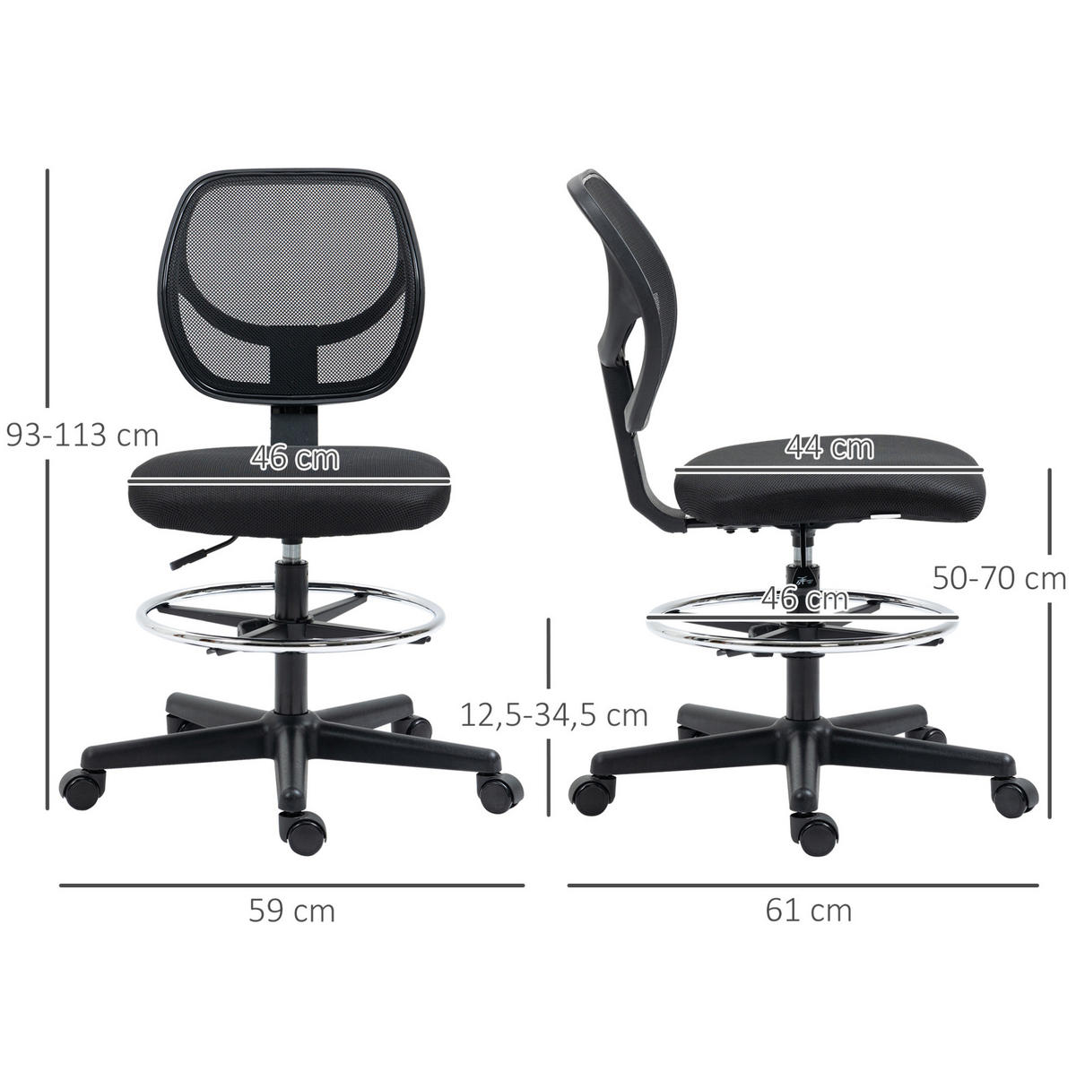 STUHL 59/61/93-113 cm, höhenverstellbar (Sitz 50–70 cm), Mesh-Rücken, Schaumstoffpolster, schwarz - Schwarz, Kunststoff (61/113/59cm) - Redom