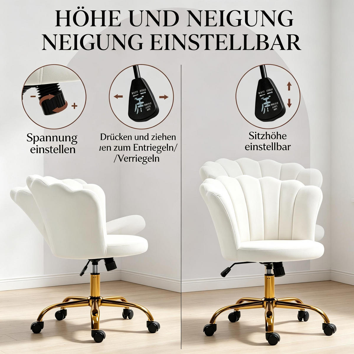 DREHSTUHL höhenverstellbarer Samtbezug blütenförmige Rückenlehne - Weiß, Textil (69/80/64cm) - Gisaae
