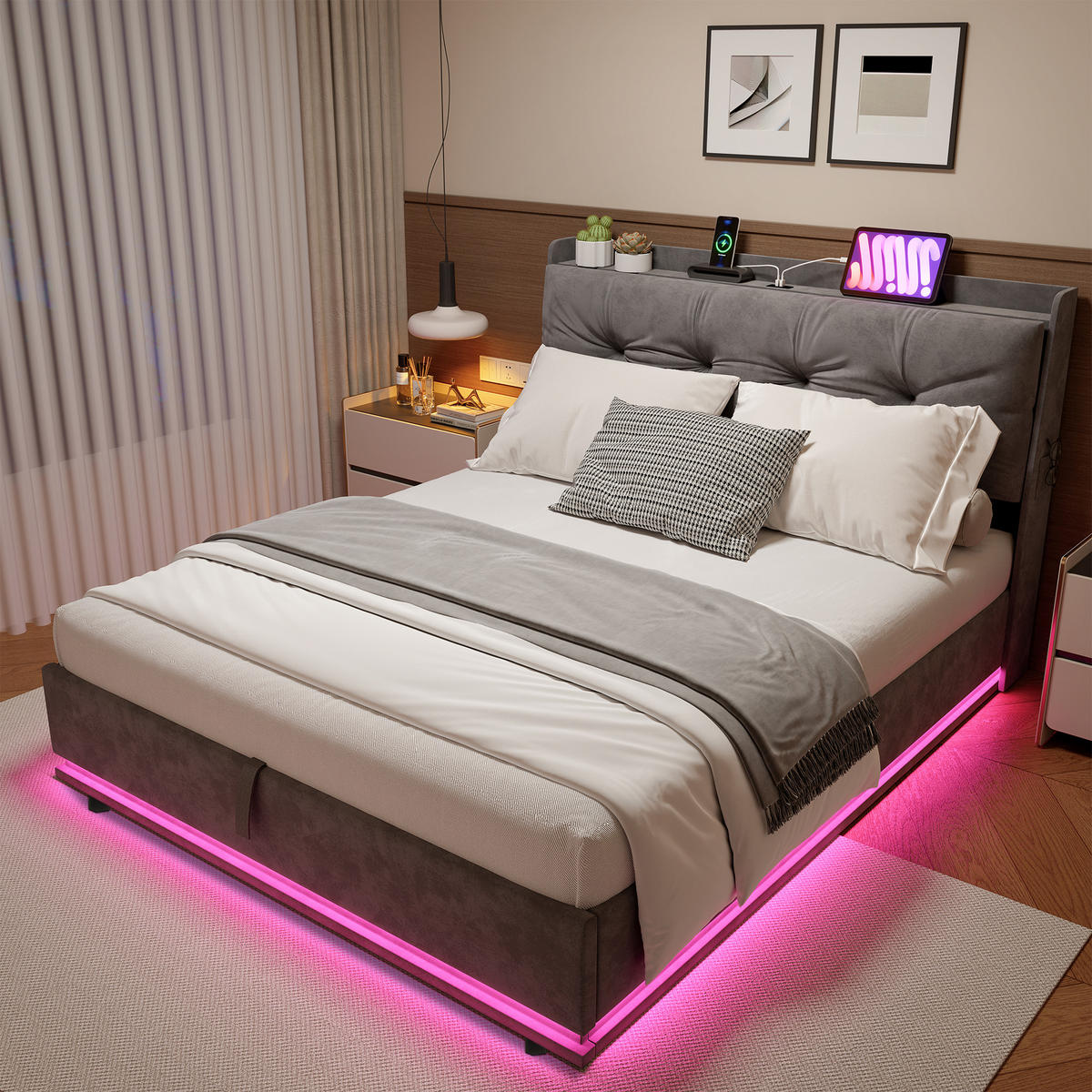 ČALÚNENÁ posteľ 160x200 cm, zamatovosivá, s boxom na posteľ, LED a USB-C - sivá, drevo (160/200cm) - SHOPENTRA