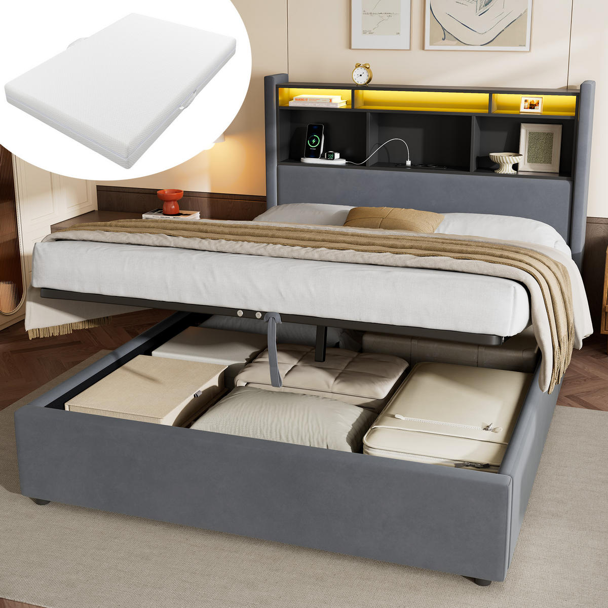 POLSTERBETT 140×200 mit LED-Beleuchtung,Kopfteilablage und Matratze - Grau, Holzwerkstoff/Textil (140/200cm) - EVRYAE