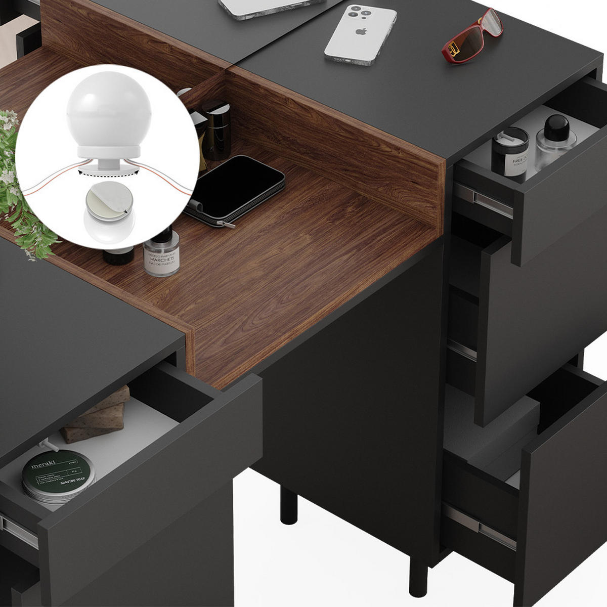 SCHMINKTISCH Anika Anthrazit 120 cm mit LED Beleuchtung und Hocker - Anthrazit/Walnussfarben, Holzwerkstoff (120/80/40cm) - Vicco