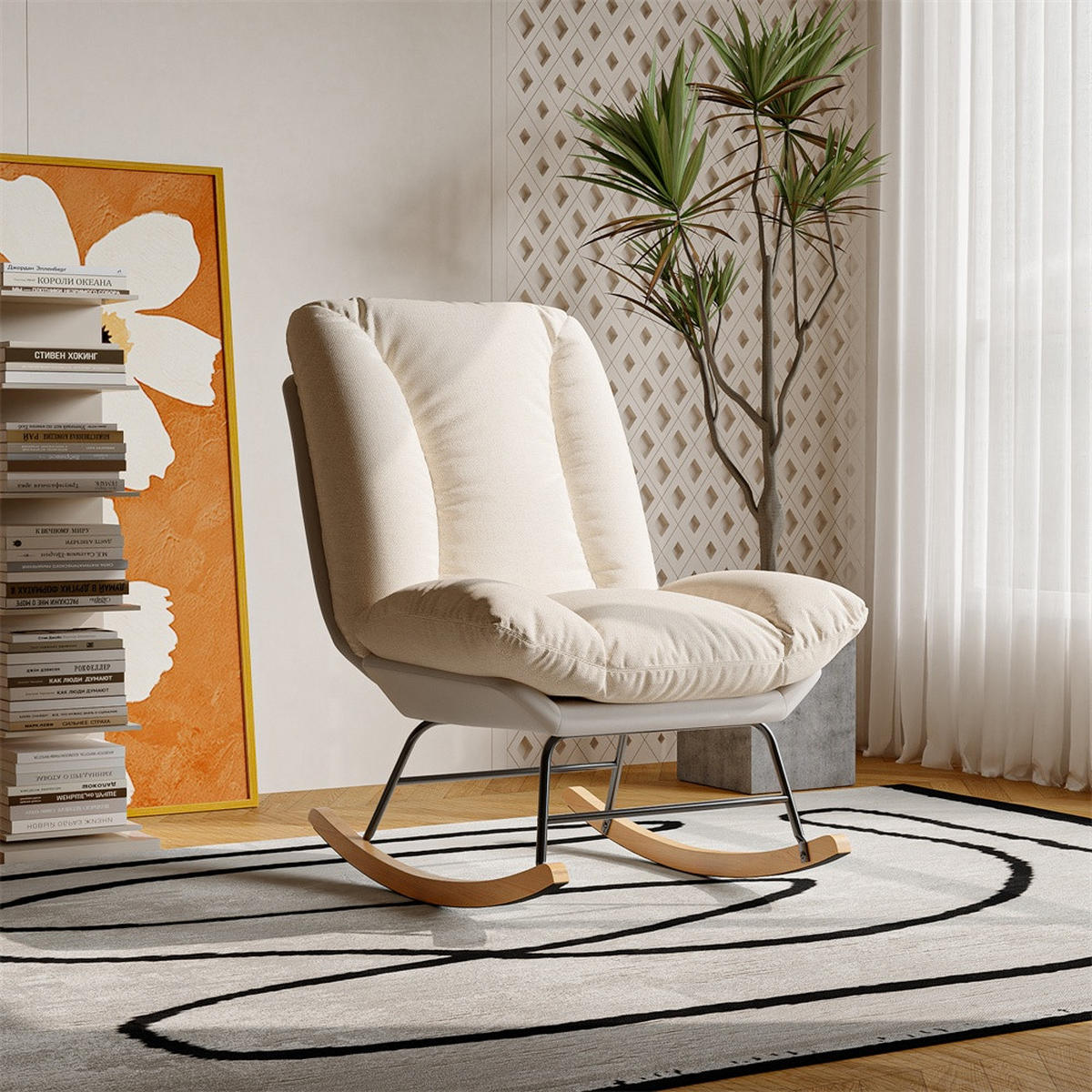 SCHAUKELSTUHL - 5-stufig verstellbare Rückenlehne und Klettverschluss-Fixierung - Cremeweiß-Grau - Creme, Textil (74/710/57cm) - DELFA