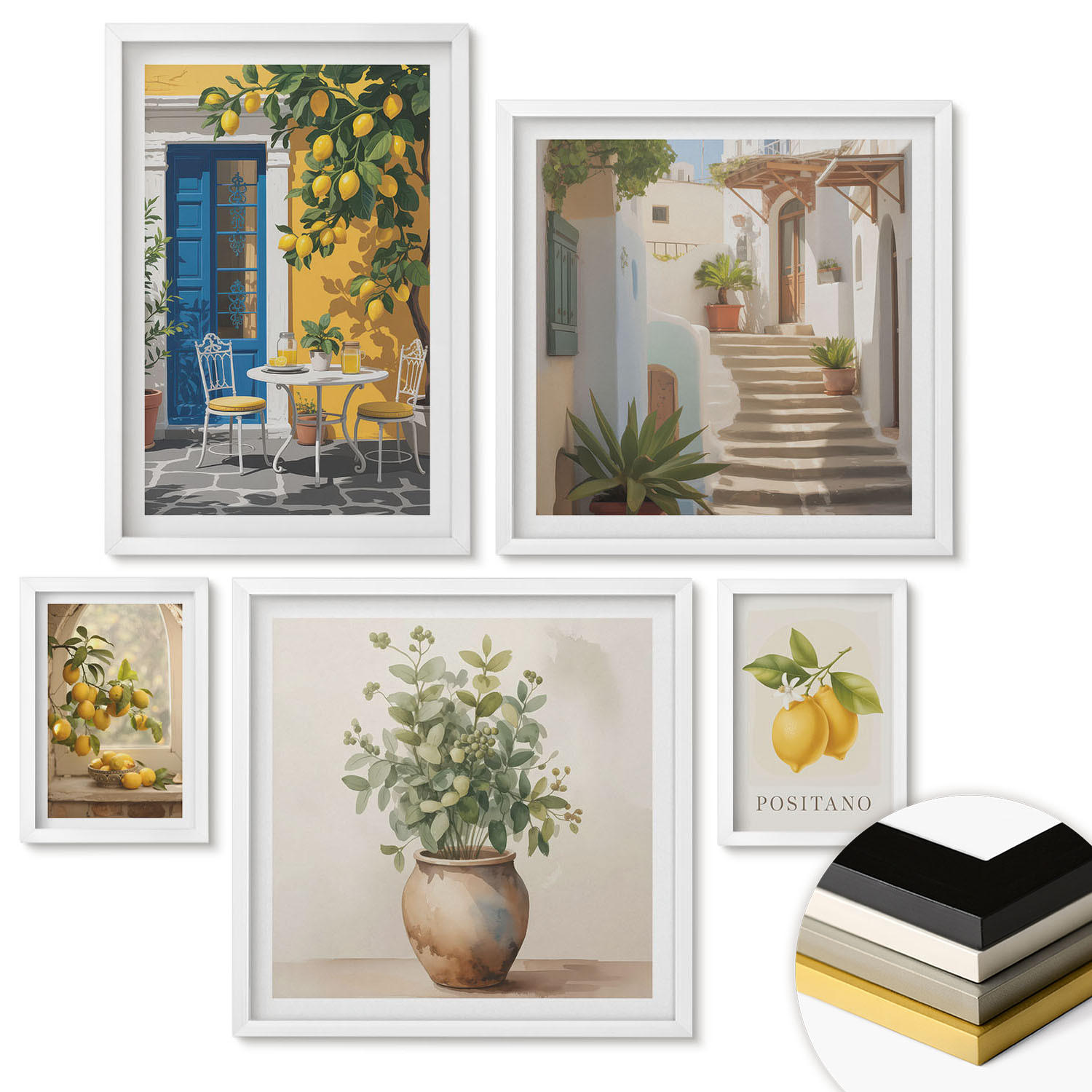 WANDBILDER 5er-Set - 50x50 cm & 20x30 cm & 40x60 cm Weißer Rahmen - Anker, Boot, Ruder, Strand - Weiß, Kunststoff (40/60cm) - ArtPrintCave