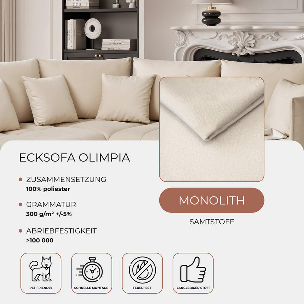 ECKSOFA OLIMPIA mit Schlaffunktion und Bettkasten Creme - Creme, Holzwerkstoff/Kunststoff (235/230cm) - Idohome