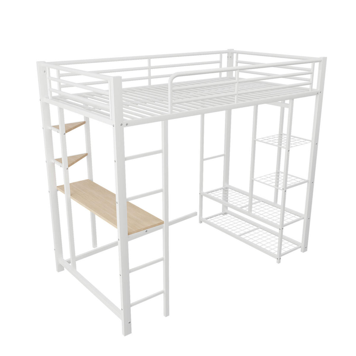 HOCHBETT 90/200 cm mit Leiter, Schreibtisch, Regal und Kleiderstange aus Metall, Weiß - Weiß, Metall (90/200cm) - Redom