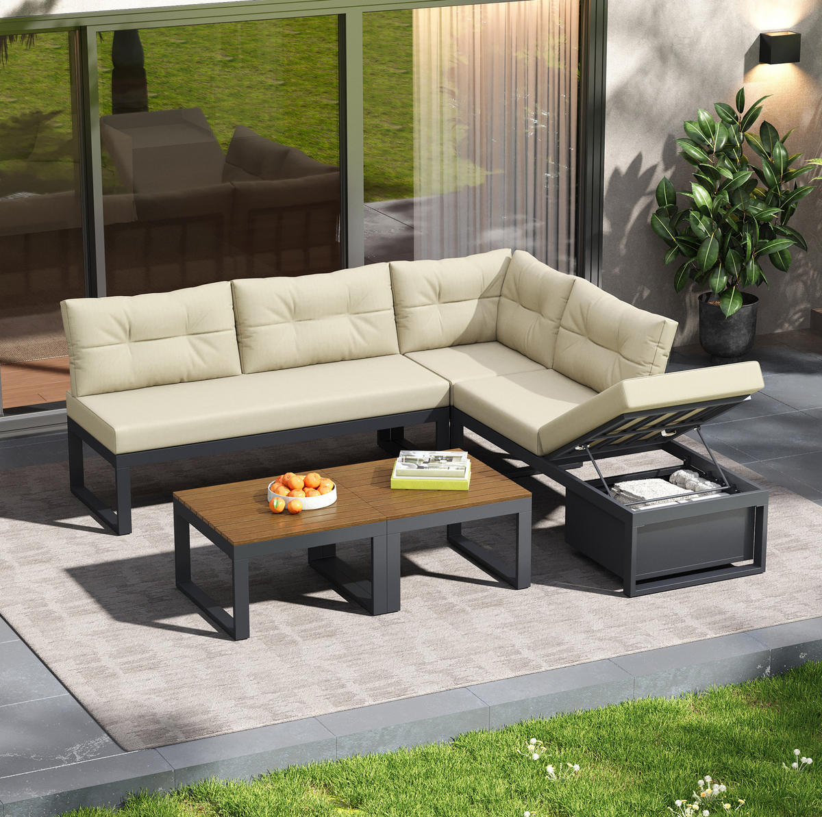 GARTENMÖBEL-SET 191,5/191,5/79 cm mit 3-fach verstellbarer Liegefunktion und Stauraum, Polyester, Beige - Beige, Textil - Redom