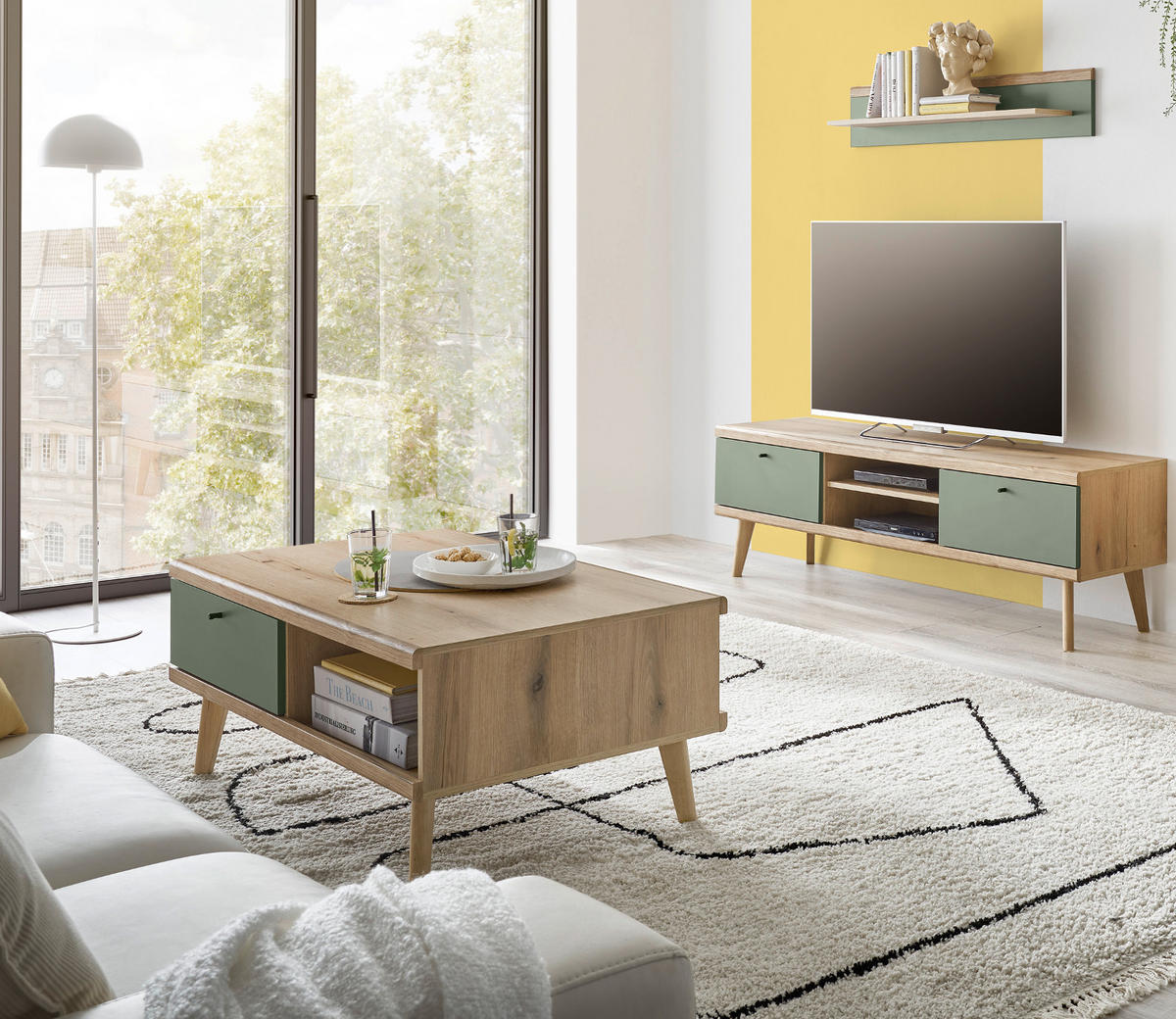 COUCHTISCH Salbei grün, Eiche Evoke, skandinavisch 107 x 67 cm, Wohnzimmertisch mit Stauraum - Eichefarben/Salbeigrün, Holz/Holzwerkstoff (107/67/46cm) - Furn.Design