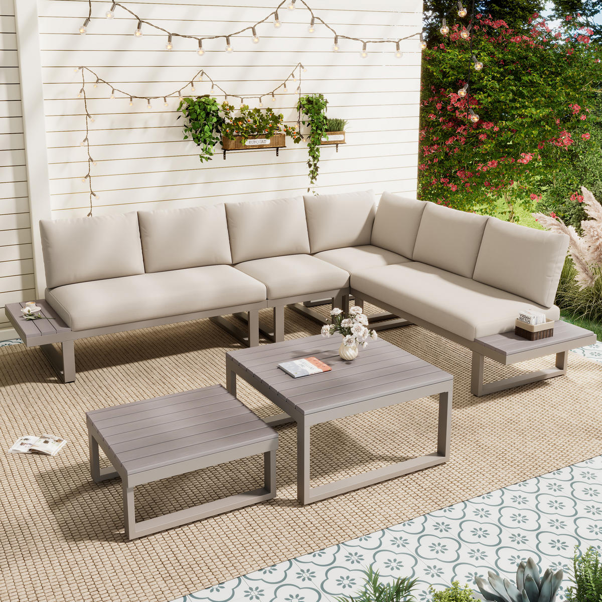 GARTENMÖBEL-SET Ecksofa Verstellbar 2 Couchtische Stahl Beige Khaki - Beige, Textil - FLIEKS