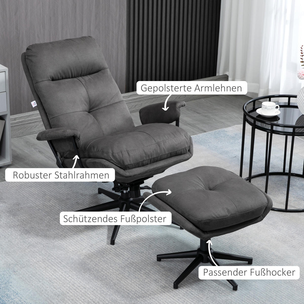 RELAXSESSEL mit Hocker, Drehbarem Fuß Fernsehsessel mit Liegefunktion Polyester - Dunkelgrau, Metall (91/103.5/78cm) - HOMCOM