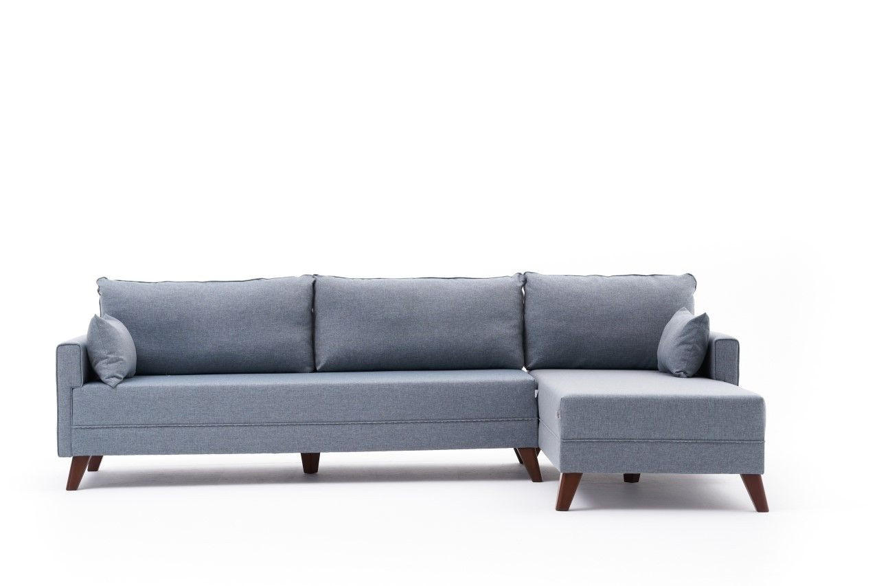 ECKSOFA mit losen Rückenkissen und Schlaffläche - Blau/Walnussfarben, Holz/Kunststoff (165/275cm) - myHomelando