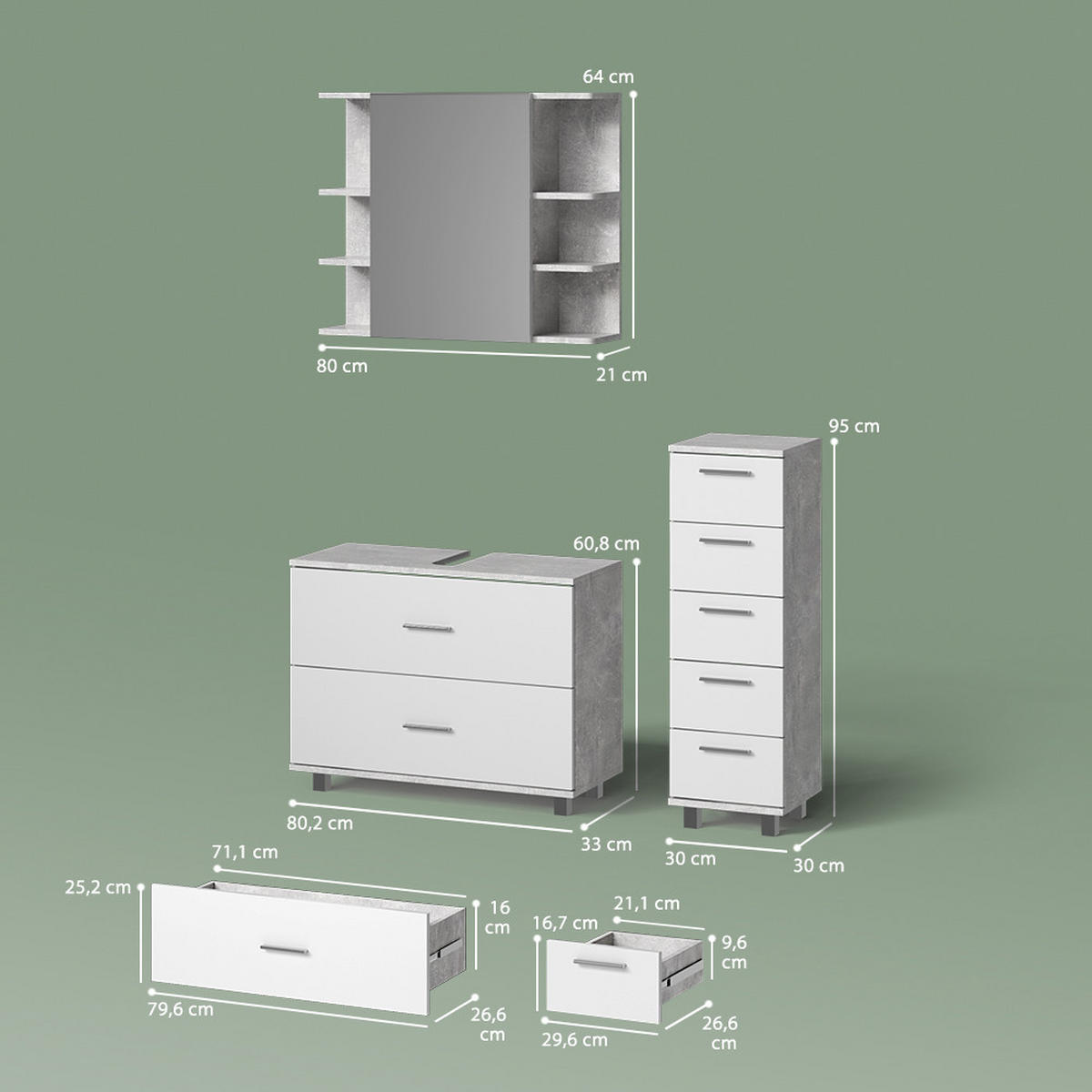 BADMÖBEL-SET Eisak Beton/Weiß 3 Teile, mit Unterschrank 80 cm - Weiß/Grau, Holzwerkstoff (80/60/33cm) - Livinity®