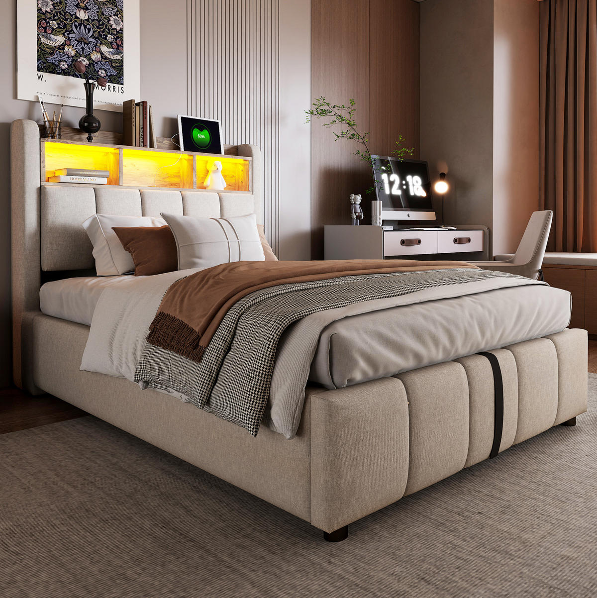 POLSTERBETT aus Leinenstoff 90x200 cm Beige mit LED-Beleuchtung, USB-C-Anschluss und hydraulischem Bettkasten - Beige, Textil (90/200cm) - Modfu