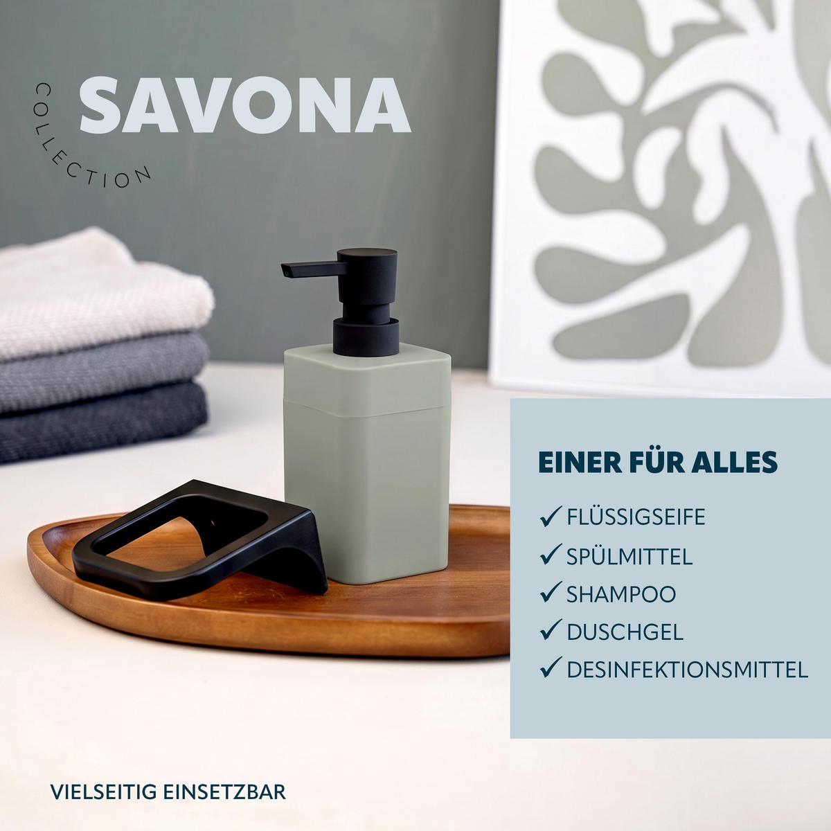 SEIFENSPENDER SAVONA Softtouch, salbeigrün, eckig - Salbeigrün, Kunststoff (9/15.5/10cm) - bremermann