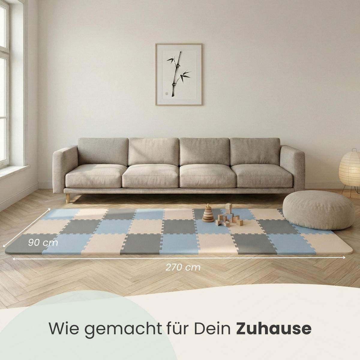 SPIELMATTE mit Rand - 270/90/1 cm Puzzlematte Grau Blau Beige - Grau, Kunststoff (30/30cm) - Littletom