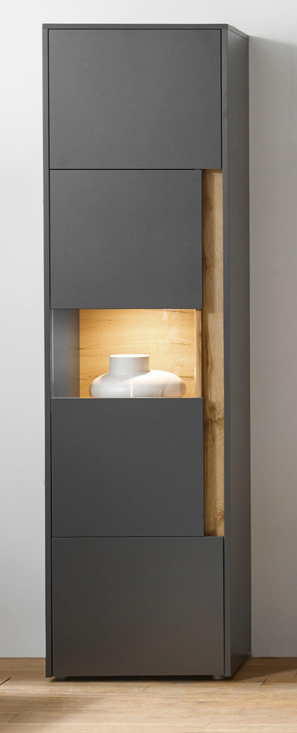 AKTENSCHRANK Grau, Eiche Wotan 50 x 200 cm, Büroschrank mit viel Stauraum und 5 OH - Eiche Wotan/Schwarz, Glas/Holzwerkstoff (50/200/40cm) - Furn.Design
