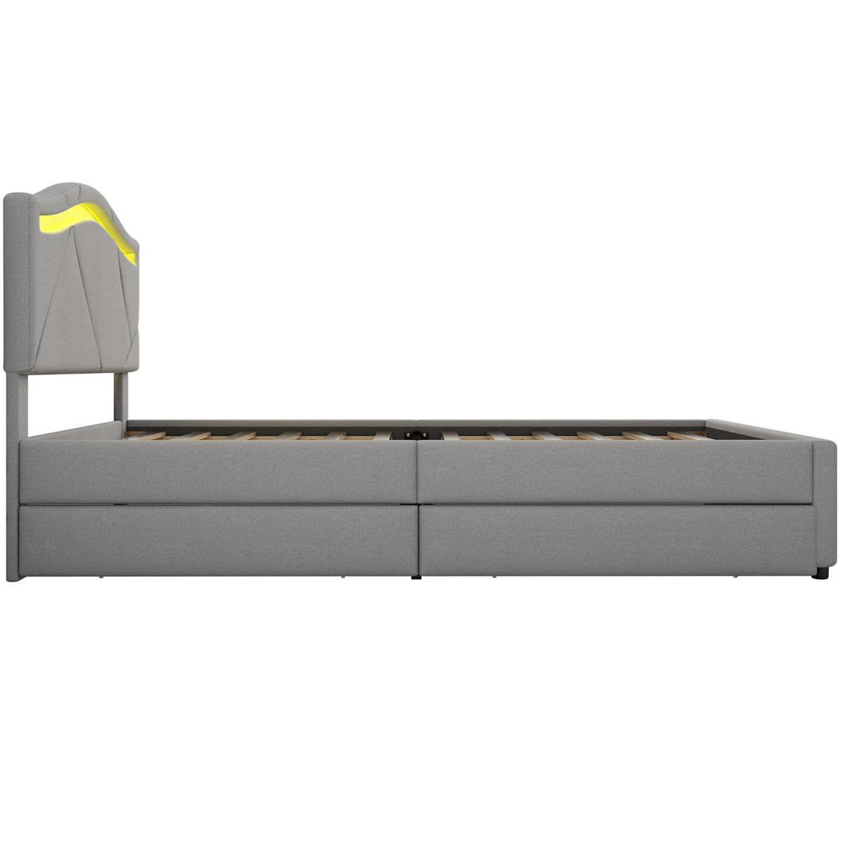 POLNJENA postelja iz lanu in MDF 90x200 cm siva z letvenim dnom, LED osvetlitvijo, 2 predaloma in nastavljivim vzglavjem - siva, tekstil (90/200cm) - Modfu
