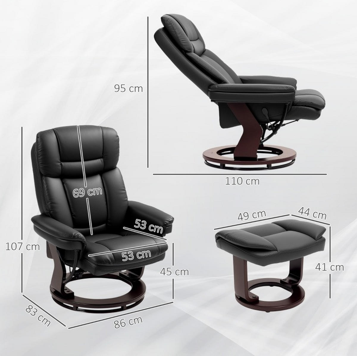 RELAXSESSEL mit Hocker Kunstleder 360° drehbar, bis 130° neigbar 86/83/107 cm Schwarz - Schwarz, Kunststoff (83/107/86cm) - Redom