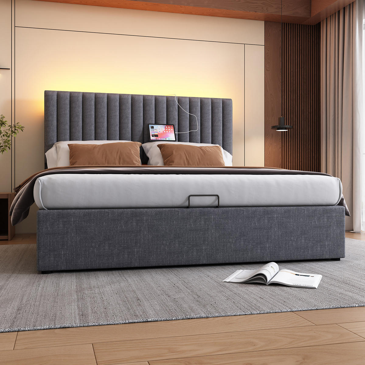BETT mit Stauraum und LED 140x200 cm Leinen Grau - Grau, Metall (140/200cm) - Meubliv