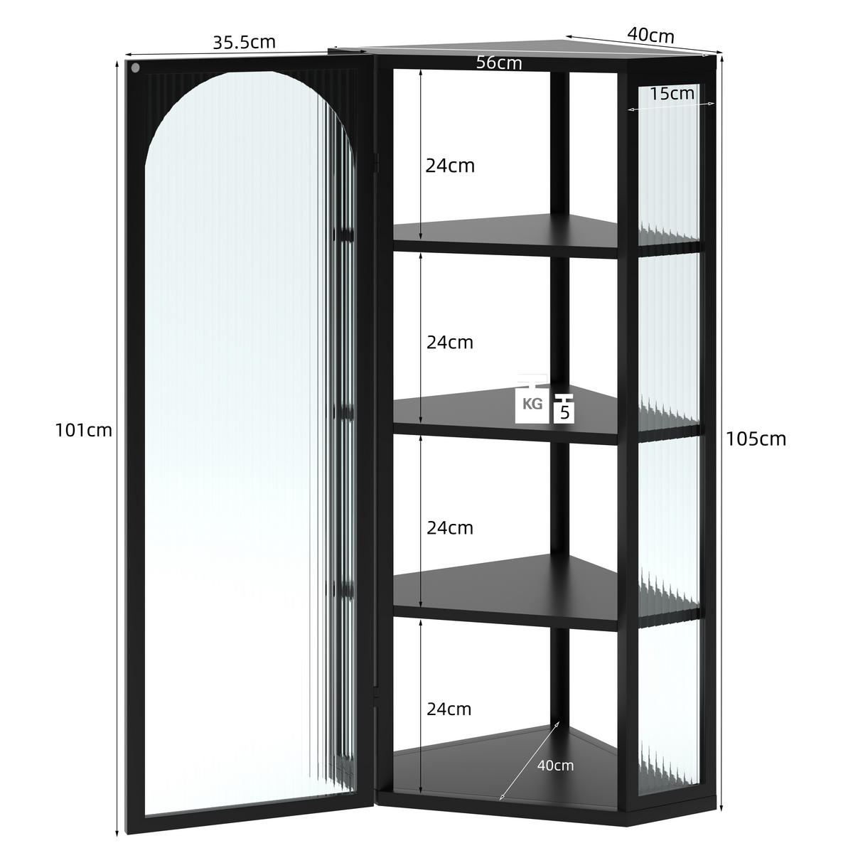 BAD-WANDSCHRANK Schwarz, Glastür & 4 Ablagen, 56 x 40 x 105 cm - Schwarz, Metall (56/105/40cm) - Urban Meuble