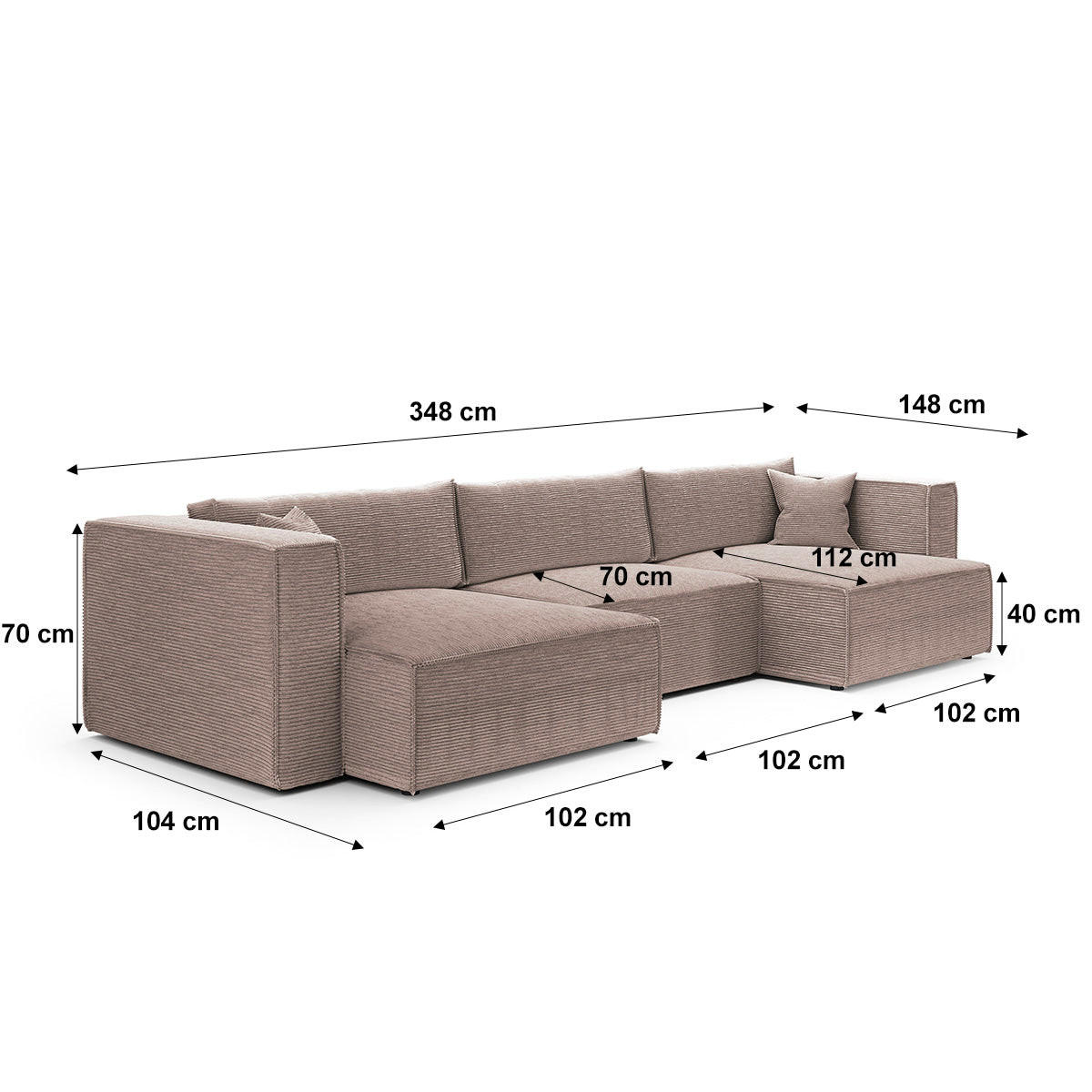 PANORAMSKA SOFA Jimmy 5 mjesta za sjedenje Taupe - taupe, drvo (348/77/148cm) - Petits-meubles
