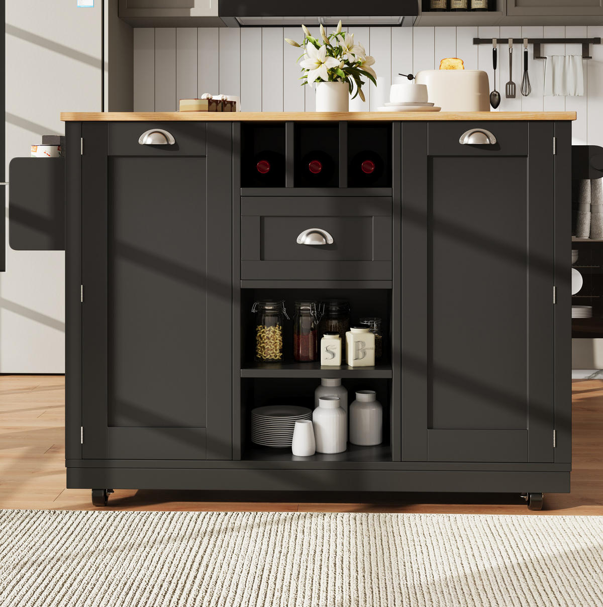 KÜCHENINSEL mit Rollen und Klappseiten 140 x 70 cm Schwarz - Schwarz, Holz (40/93.5/140cm) - Beauniv