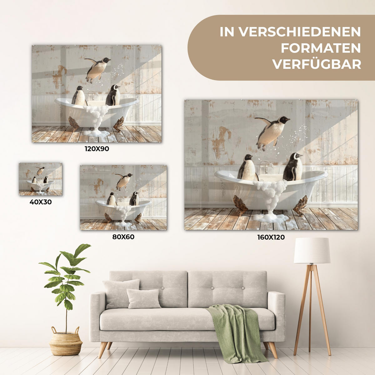 ACRYLGLASBILD Vintage - Pinguin - Badewanne - Schaumstoff 80x60 cm - Schwarz, Glas (80/60cm) - MuchoWow