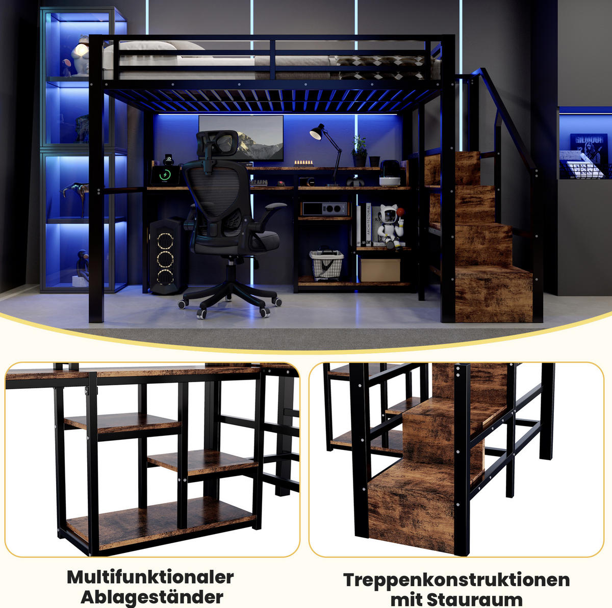 HOCHBETT aus Metall und MDF 140x200 cm Schwarz mit Leiterschrank, LED-Beleuchtung und USB-C-Anschluss - Schwarz, Holzwerkstoff (140/200cm) - IVMEU