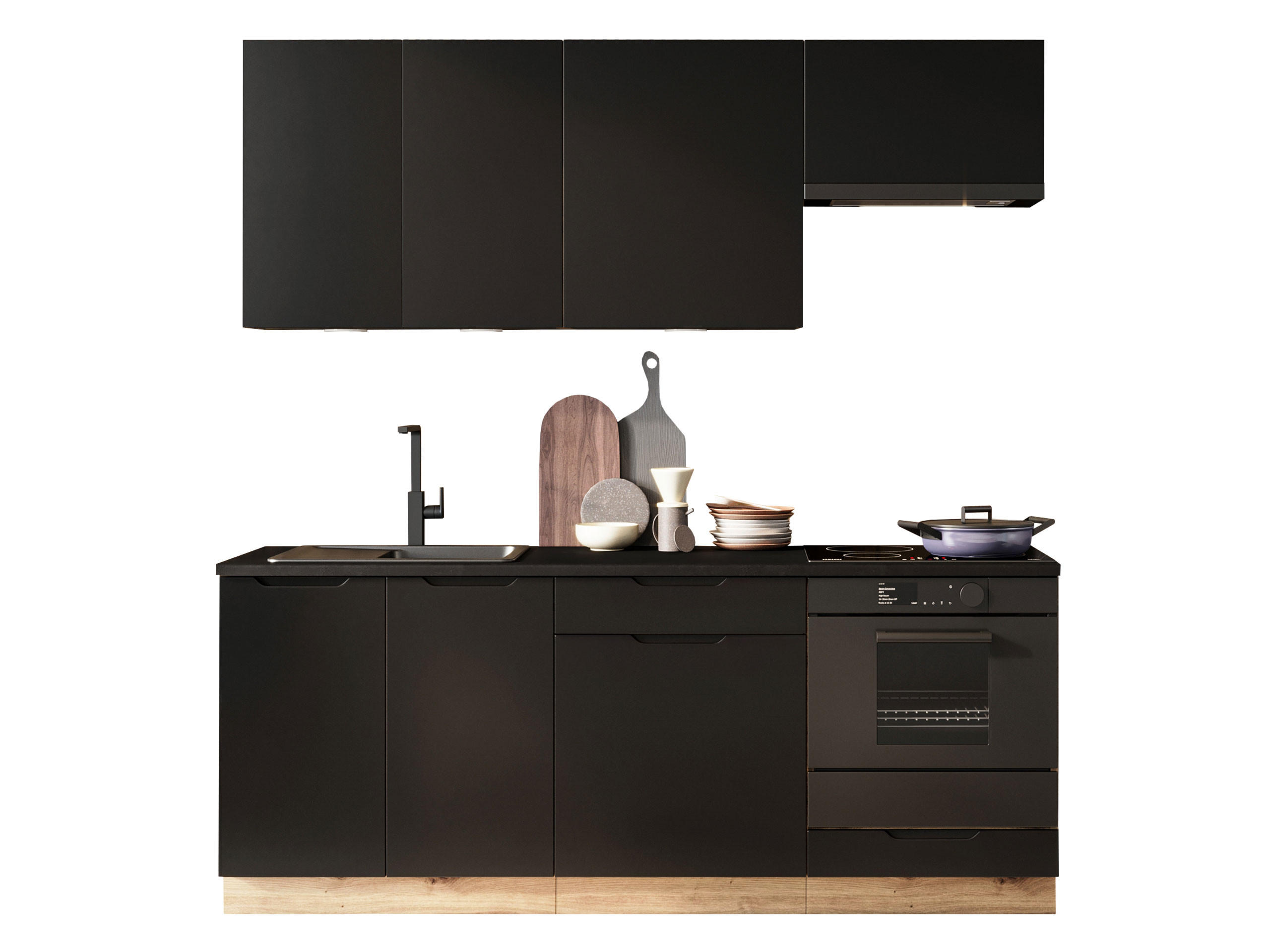 KÜCHENZEILE Isabel mit weißer LED Beleuchtung - Schwarz/Eiche Artisan, Holzwerkstoff (60/85/200cm) - MIRJAN24