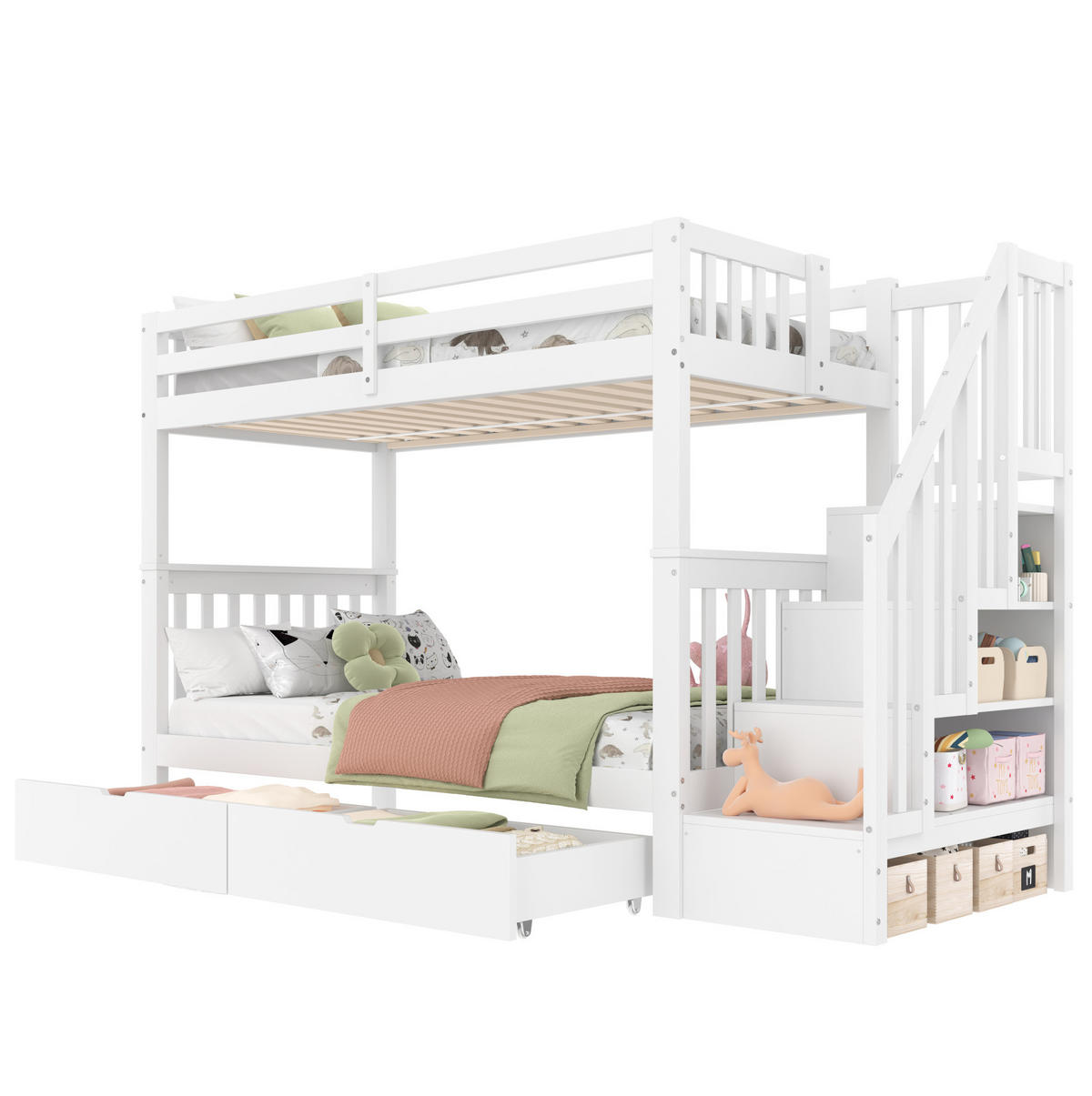 ETAGENBETT 90/200 cm Weiß mit Treppenregal und 2 Schubladen - Weiß, Holz (90/200cm) - Flora Grace