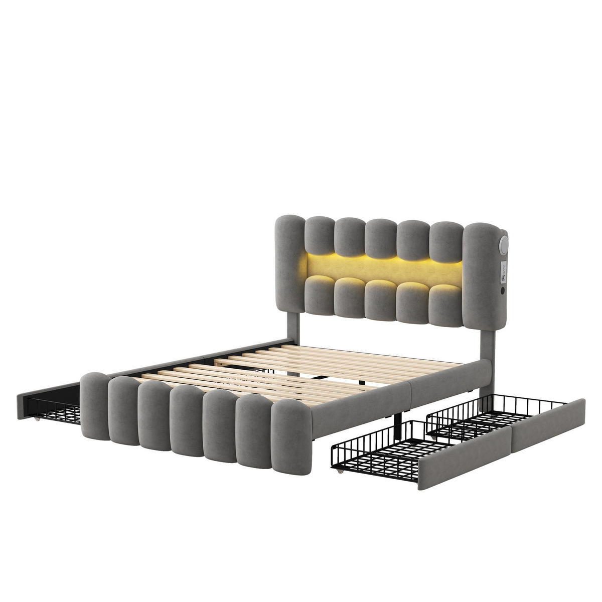 POLSTERBETT 140/200 cm Grau mit 4 Schubladen und LED-Beleuchtung - Grau, Textil (140/200cm) - OKWISH