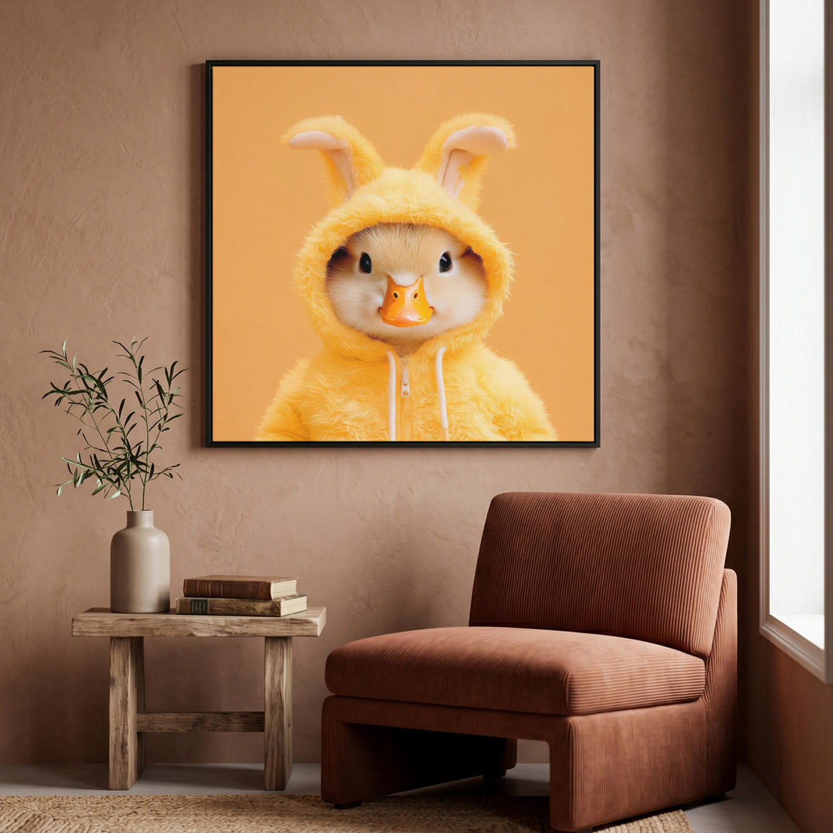 LEINWAND Bilder mit Rahmen - Osterhase - Kostüm - Ente - 90x90 - Gelb, Textil (90/90cm) - MuchoWow