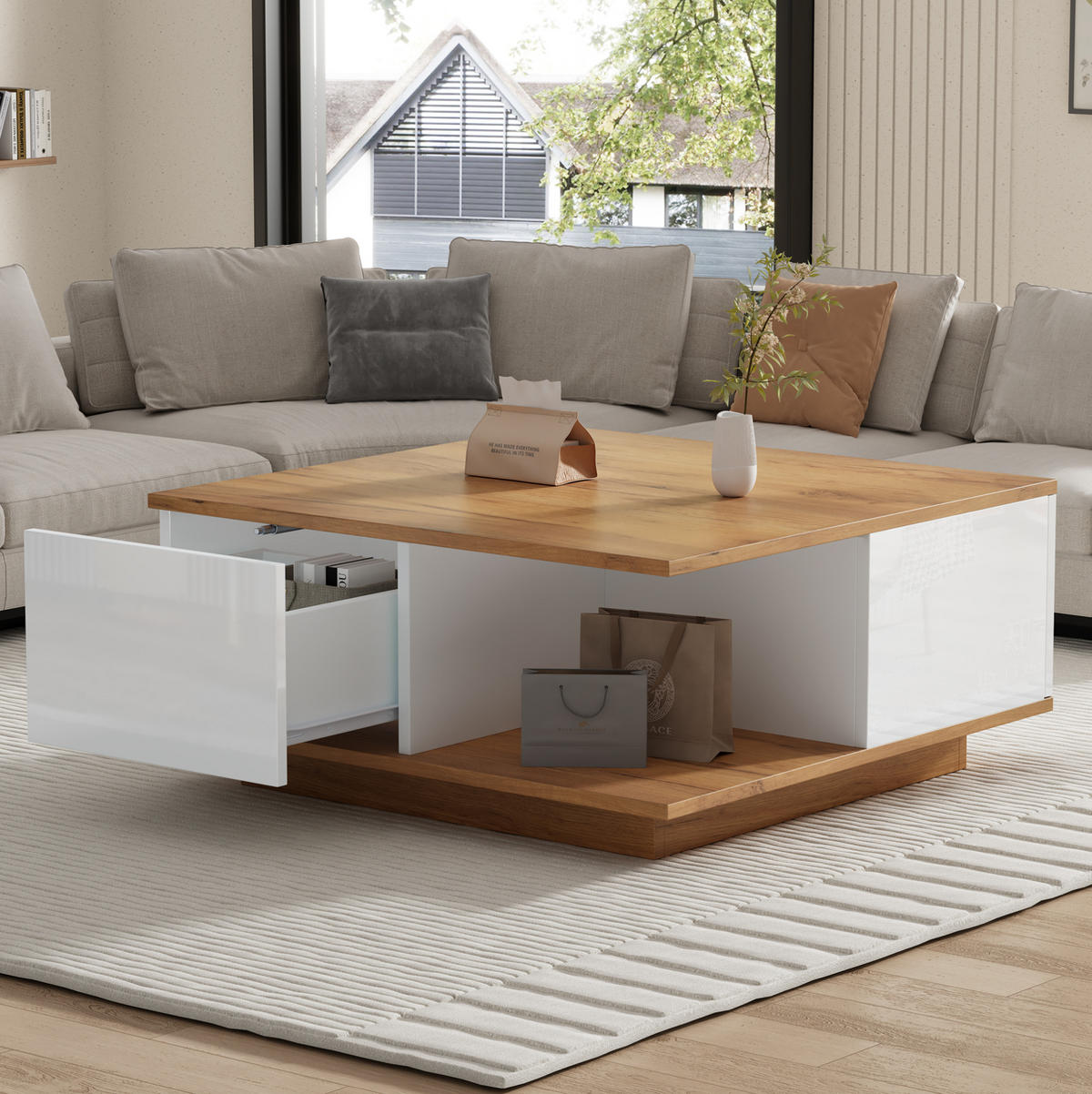 COUCHTISCH 70/70/31,5 cm mit 3 Schubladen und halboffenem Stauraum in Hochglanzoptik, Weiß/Walnuss - Walnussfarben, Holzwerkstoff (70/70/31.5cm) - Redom