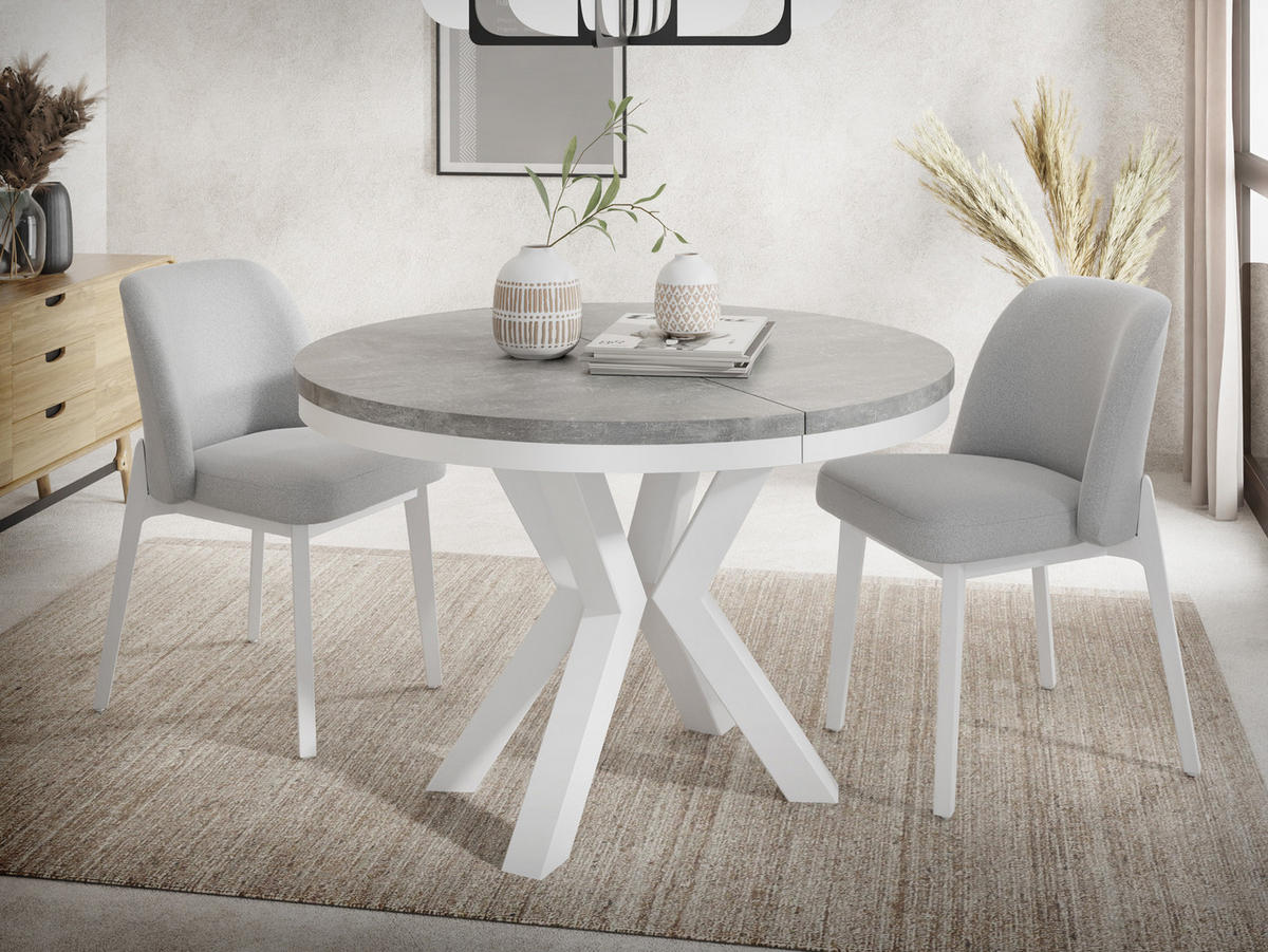 ESSTISCH Clara Weiß runder ausziehbarer, Grauer Beton 100-180/100/76 cm - Hellgrau/Weiß, Holzwerkstoff/Metall (100/100/76cm) - WFL GROUP