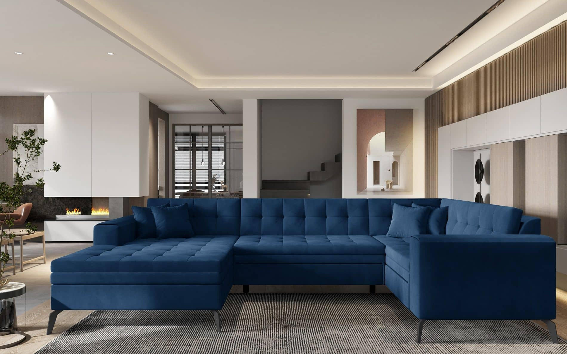 WOHNLANDSCHAFT mit Schlaffunktion, luxus Nube-Stoff - Schwarz/Dunkelblau, Textil/Metall (180/93/340cm) - Eltap