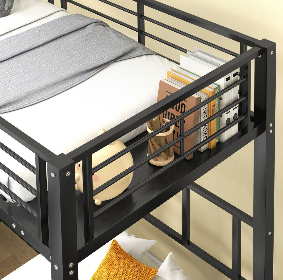 ETAGENBETT aus Metall 3x 90x200 cm Schwarz mit Leiter, Fallschutzgitter und Tisch - Schwarz, Metall (90/200cm) - IVMEU