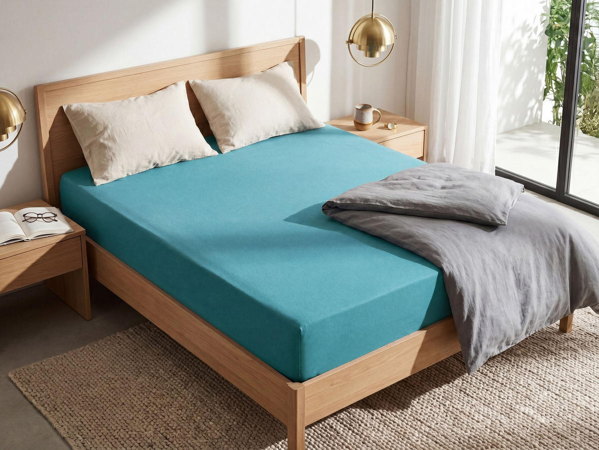 SPANNBETTLAKEN Blau 200/200 cm Hofuf - Türkis, Textil (200/200cm) - Beliani