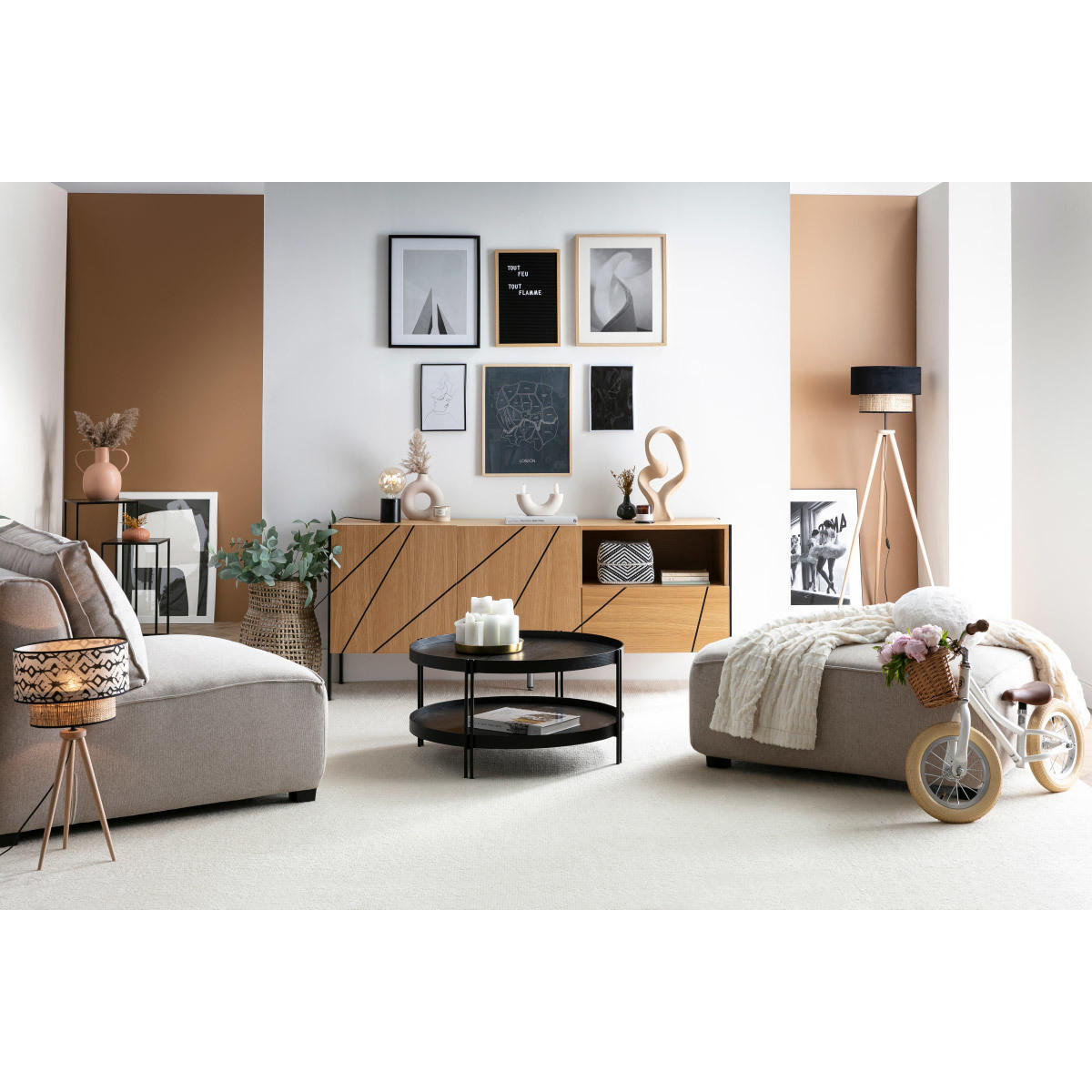 COUCHTISCH Rund Eiche Schwarz Metall D80 TWICE - Schwarz, Holz (80/80/40.4cm) - Miliboo