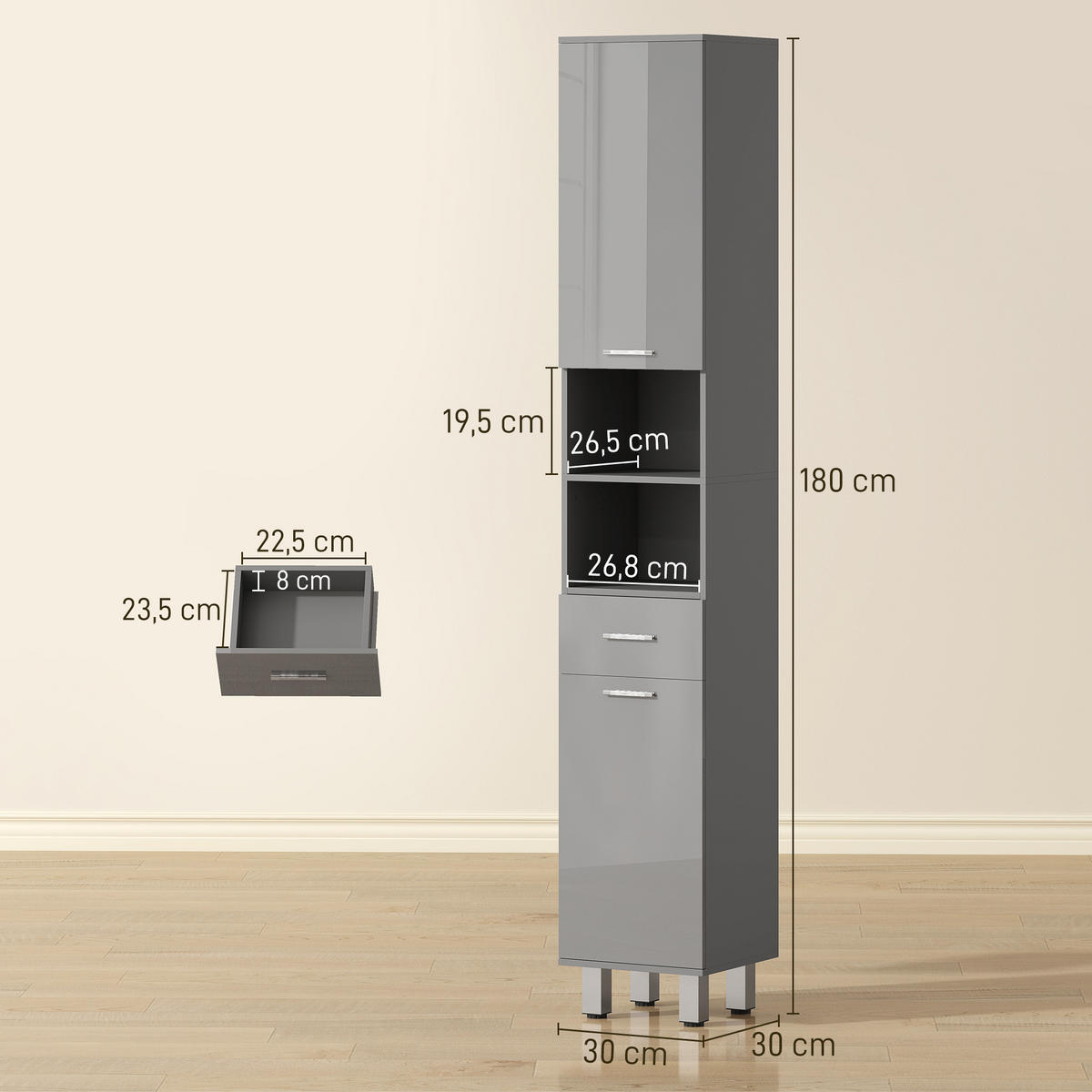 HOCHSCHRANK Grau 30/30/180 cm - Grau, Holzwerkstoff (30/180/30cm) - PANGIVO