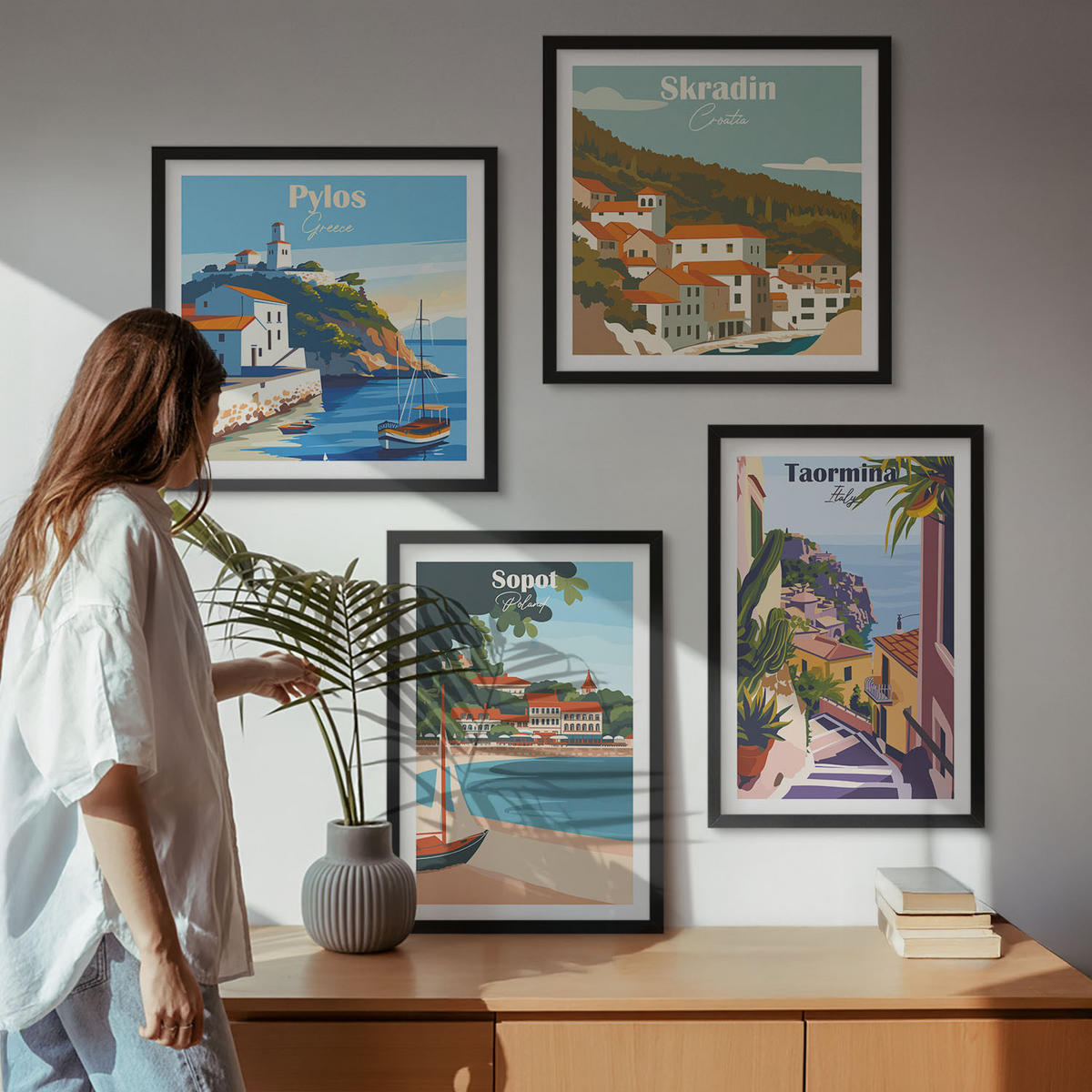 WANDBILDER 4er-Set - 50x50 cm & 40x60 cm Schwarzer Rahmen - Illustrationen von Küstenstädten - Schwarz, Kunststoff (50/50cm) - ArtPrintCave