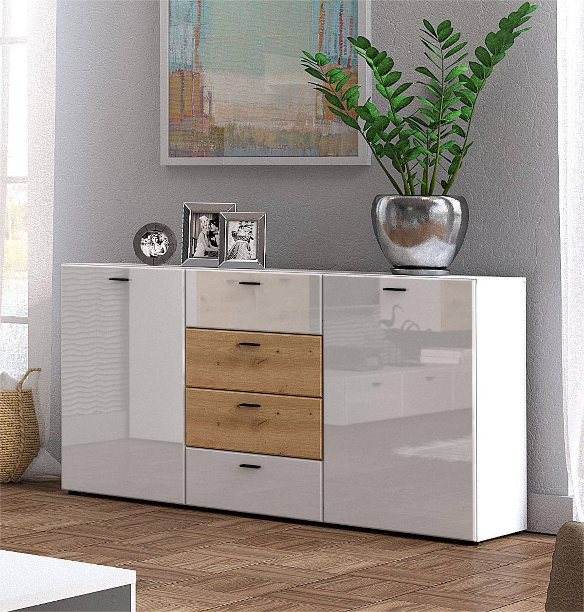 KOMMODE Oviedo weiß matt / weiß Hochglanz - Artisan Eiche 150 / 40 / 81cm - Weiß Hochglanz/Braun, Holz/Holzwerkstoff (150/81/40cm) - Feldmann-Wohnen