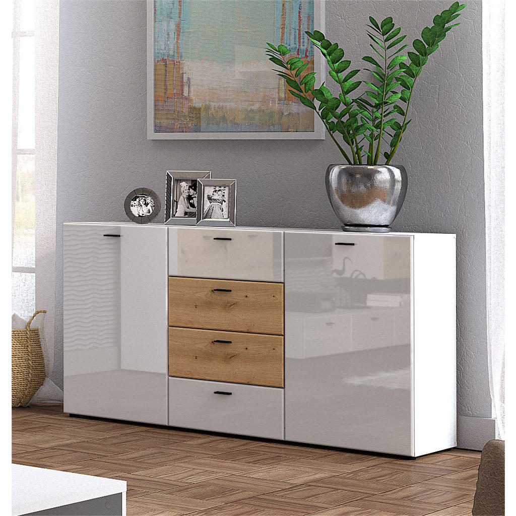 Thumbnail - Feldmann-Wohnen Kommode, Weiß Hochglanz, Braun, Holz, 2 Fächer, 4 Schubladen, Rechteckig, 150x81x40 cm, Wohnzimmer, Komm...