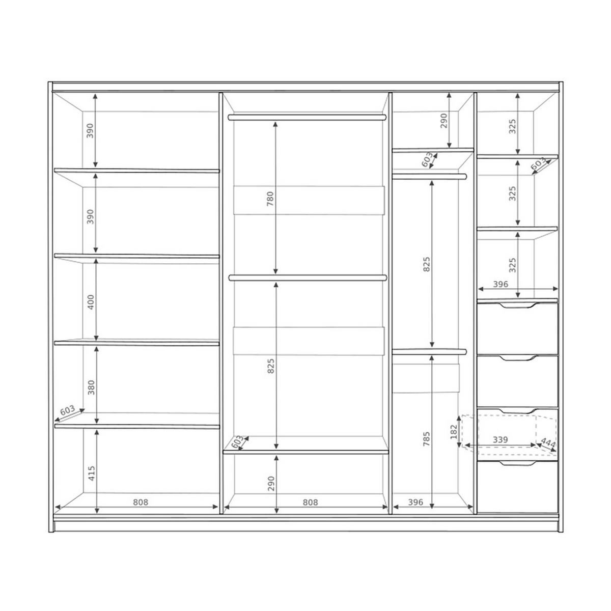 SCHWEBETÜRENSCHRANK Devon 3 Türen mit Spiegel und Schubladen, Eiche monastery - Eichefarben/Schwarz, Holzwerkstoff/Metall (250/215/68.5cm) - Beautysofa
