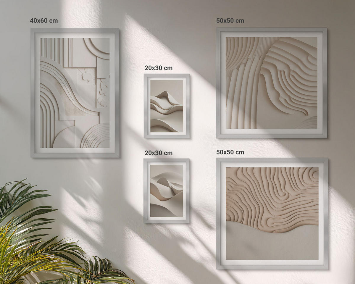 BILDER SET 5er Set - 50x50 cm & 20x30 cm & 40x60 cm Silberner Rahmen - Abstrakte beige Wellen - Silberfarben, Kunststoff (40/60cm) - TULUP