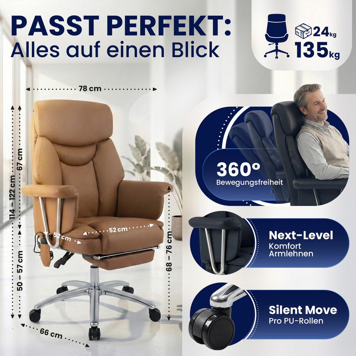 CHEFSESSEL Echtleder Braun - Chromfarben/Braun, Leder/Metall (78/114/66cm) - CLP