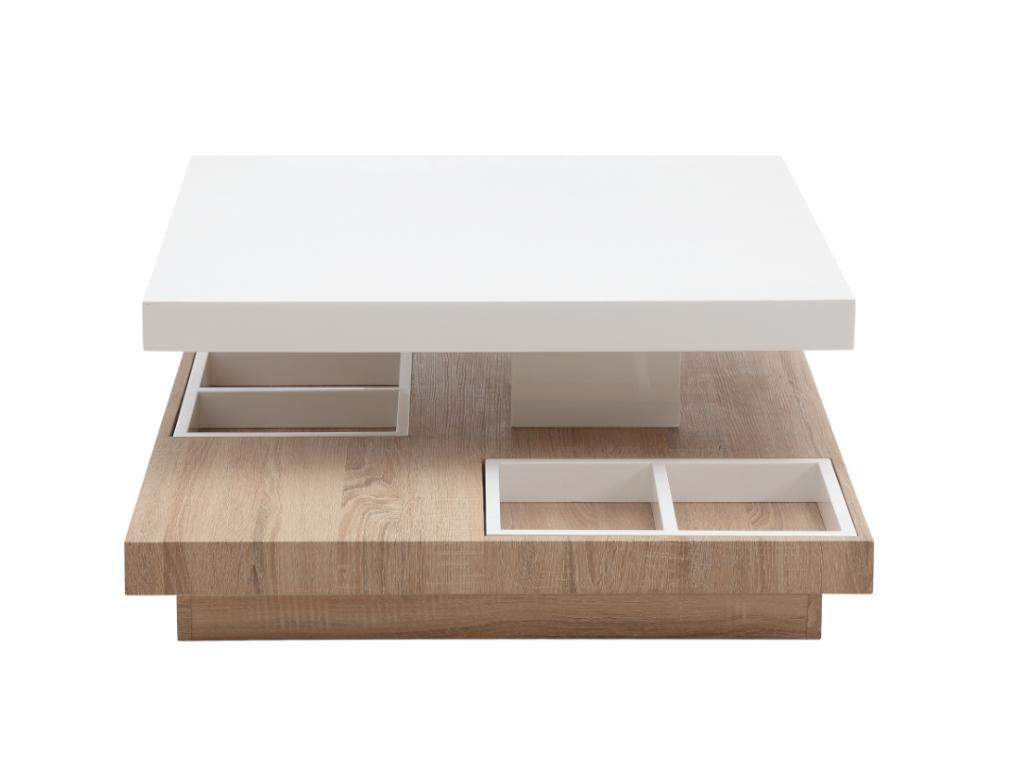 COUCHTISCH mit drehbarer Tischplatte - MDF - Weiß lackiert & Eichefarben - FAUSTO II - Naturfarben, Holz (80/80/34cm) - Vente-Unique